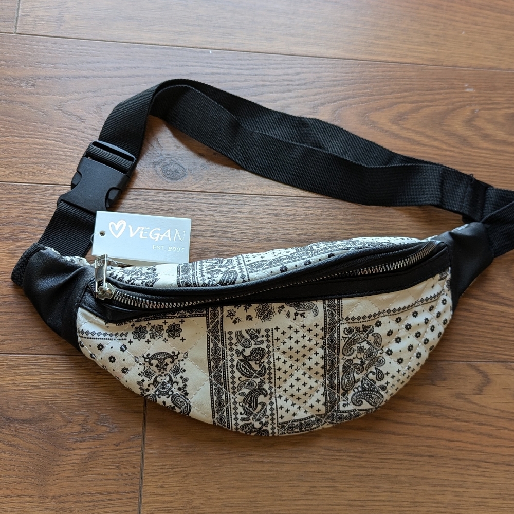 Vegan Black and White Quilted Paisley Waist Bag NWT